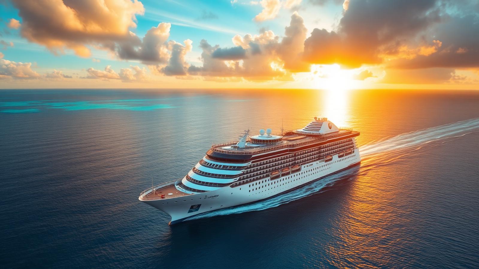 Luxury cruise ship sailing at sunset on the Caribbean