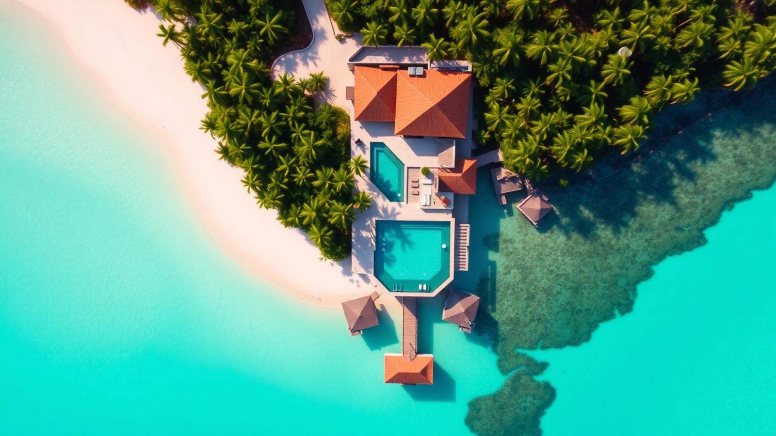 Aerial view of a luxury Caribbean beach resort with turquoise water